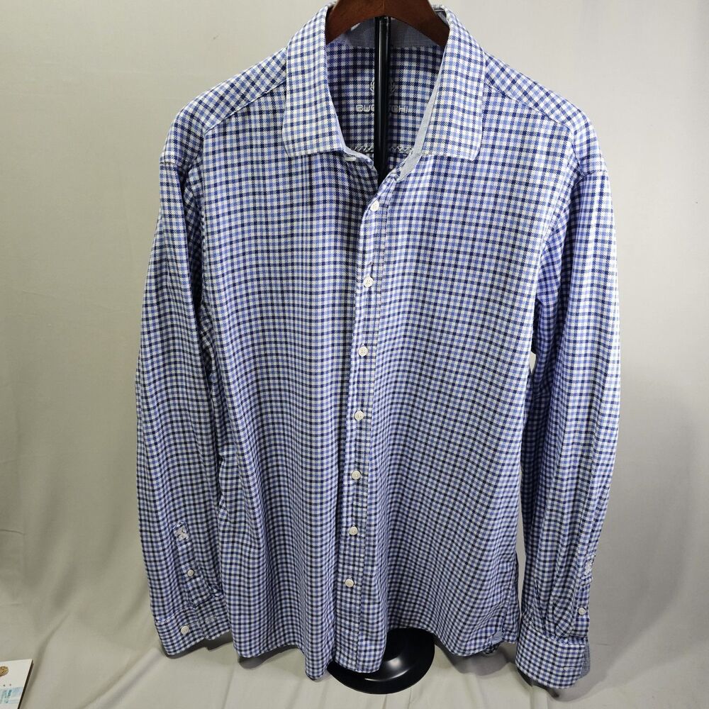 Bugatchi Mens XXL Shaped Fit Blue/White Checkl Long Sleeve Button Down Flip Cuff
